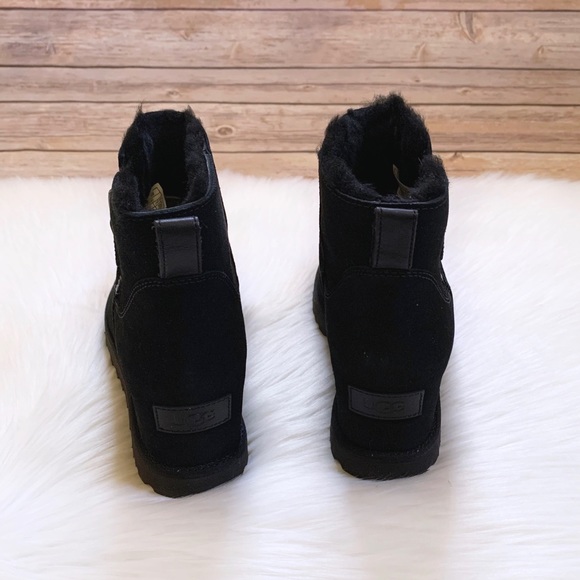 UGG Women’s Classic Femme Zip Mini Black Wedge Boots - Picture 2 of 9